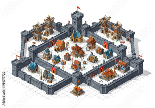 Isometric 3D illustration of a medieval fortress with walled defenses and tower under siege by armies on a white grid background