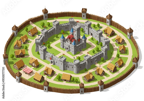Aerial view of a medieval castle town with fortified walls and buildings