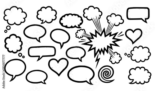 A set of black and white comic book style speech bubbles and thought clouds