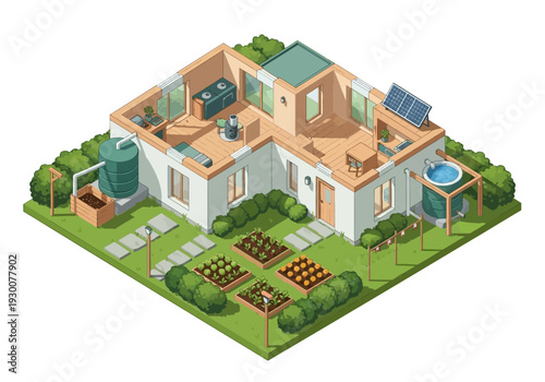 Aerial view of a modern sustainable home with solar panels and garden