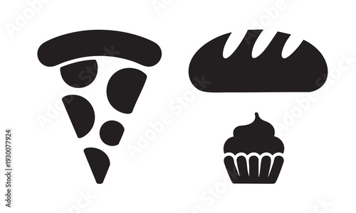 Modern food silhouettes with pizza slice bread and cupcake