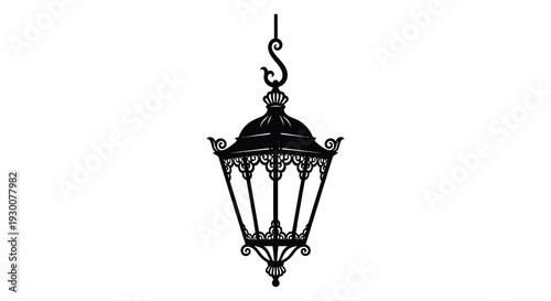 An ornate vintage hanging lantern is depicted in a stark black outline against a white background silhouette