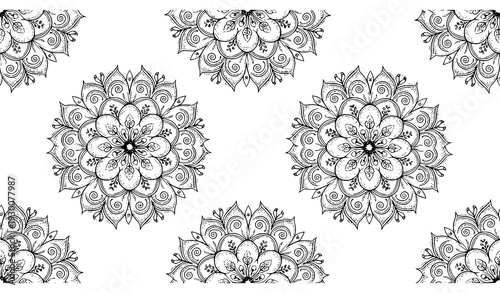 A black and white vector graphic of a floral mandala pattern design
