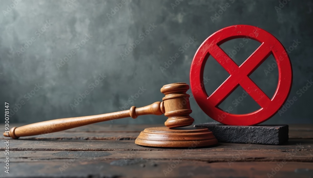 custom made wallpaper toronto digitalJudges gavel rests near red prohibition symbol on dark wooden table. Concept of justice and forbidden actions, legal restrictions, court decisions and wrongdoings.