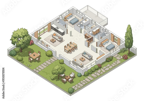 Isometric illustration of a modern office building with a courtyard and garden viewed from above
