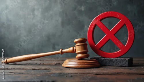 Wallpaper Mural Judges gavel rests near red prohibition symbol on dark wooden table. Concept of justice and forbidden actions, legal restrictions, court decisions and wrongdoings. Torontodigital.ca