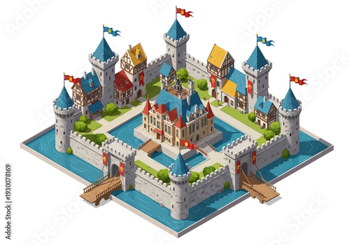 Isometric castle with towers and battlements surrounded by a moat and lush greenery