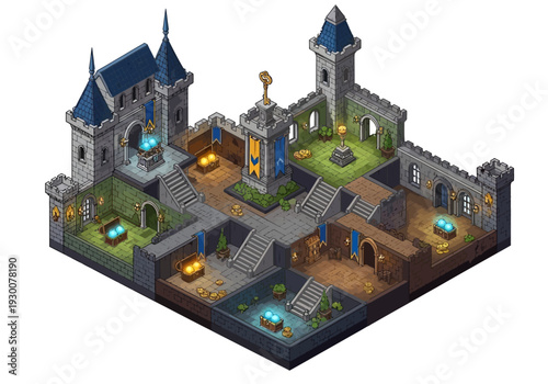 Isometric View of Fantasy Castle with Towers and Courtyard