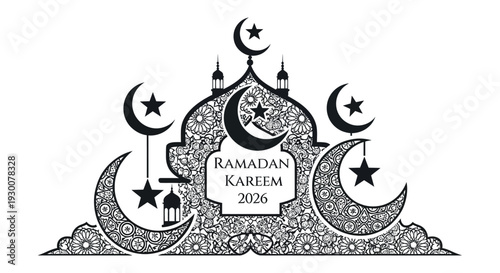 An ornate ramadan kareem design featuring crescent moons stars and a mosque in silhouette high quality professional detailed