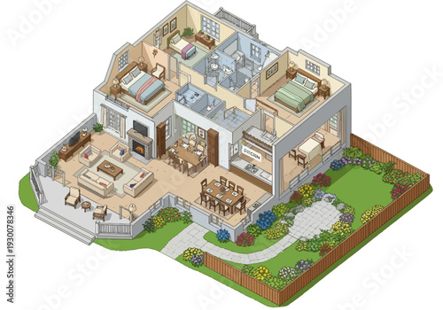 Isometric view of a luxurious modern house with a garden and swimming pool