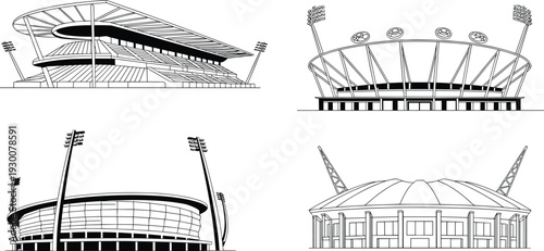 Modern stadium architecture exterior set, detailed sports arena line art vector illustration isolated on white background