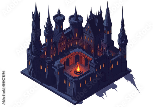 Isometric illustration of a mystical castle with towers and a courtyard at dusk from a high vantage point