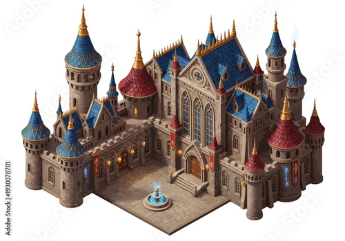Aerial view of a fantastical medieval castle with blue and red turrets and a central fountain