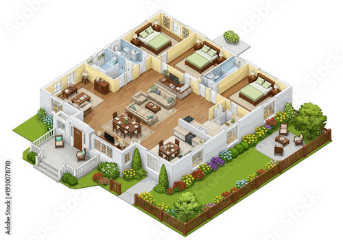 Overhead View of Modern House with Garden and Patio Furniture