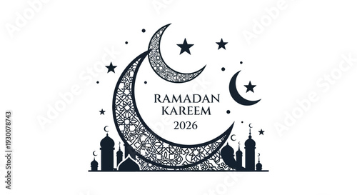 A dark blue ramadan kareem design featuring a crescent moon stars and mosque silhouette high quality professional detailed