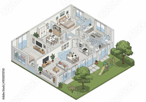 Isometric illustration of a modern house with detailed interior and exterior landscape