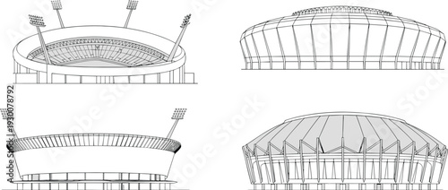 Large stadium architecture exterior set, detailed sports arena line art vector illustration isolated on white background
