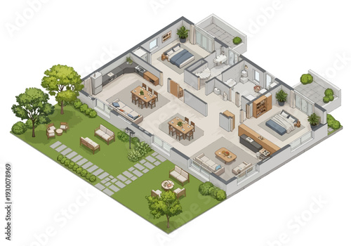 Modern home interior and exterior design illustration showcasing open-plan living space and landscaped garden from an aerial viewpoint