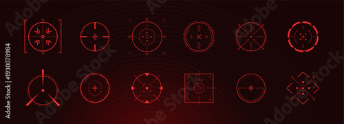 Modern red crosshair with Hud alignment. Gun shooting range target icons and symbols. Exploding clip art and compass for future vision with innovation and progress. Vector illustration.