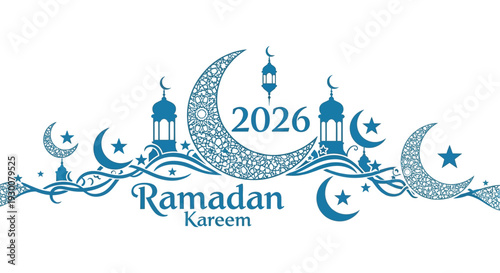A detailed islamic ramadan kareem design featuring a crescent moon stars and a mosque silhouette high quality professional