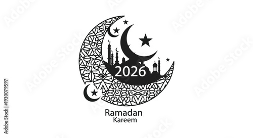 A detailed ornamental crescent moon and cityscape design celebrates the upcoming 2026 ramadan silhouette high quality professional modern