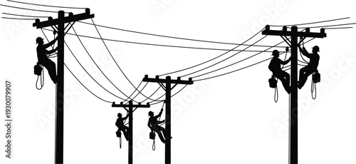 Electric line workers repairing power lines on utility poles, black silhouette vector illustration isolated on white background, maintenance concept