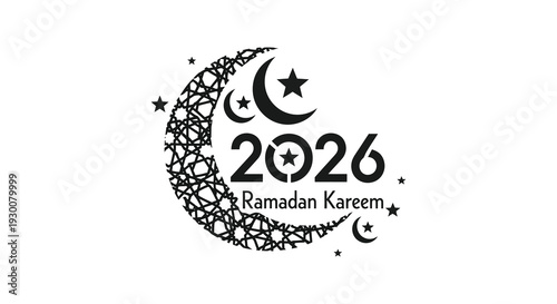 A decorative ramadan kareem design featuring a crescent moon stars and the year 2026 silhouette high quality professional