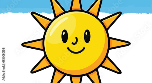 Bright yellow cartoon sun with a cheerful smiling face radiates warmth and happiness against a clear blue sky background.