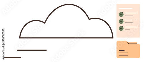 Data storage, cloud computing, organization, technology, digital documentation, workflow systems. Cloud icon with a checklist and folder. Data storage and cloud computing concepts