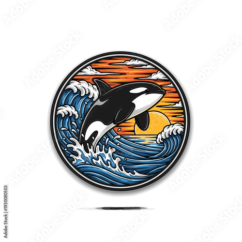 Orca killer whale jumping over dynamic ocean waves at sunset or sunrise