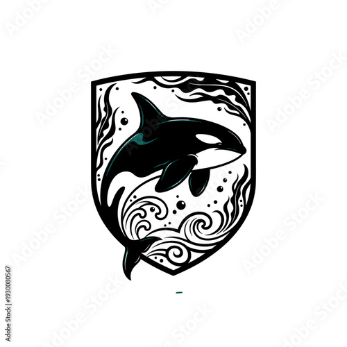 Orca killer whale swimming in a decorative shield emblem with water elements