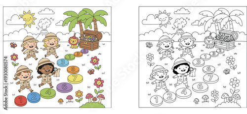 Treasure hunt adventure coloring page for kids featuring safari children, numbered stepping stones, cute animals, and a volcano. Educational counting game vector illustration.