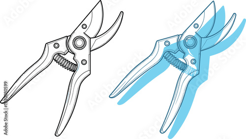 Garden pruning shears vector illustration set with secateurs in outline and flat blue styles, hand tool design for gardening, trimming, and plant care