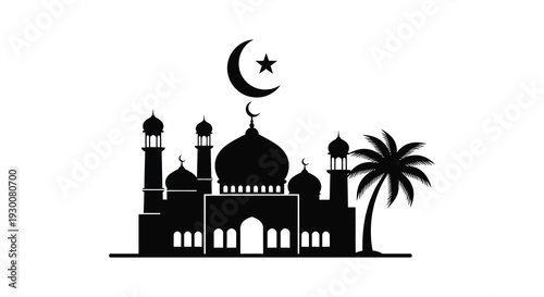 A striking black silhouette of a mosque with a crescent moon and star complemented by palm trees silhouette