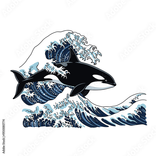 Orca killer whale swimming powerfully through stylized ocean waves illustration