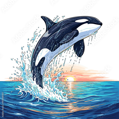 Orca whale leaping out of the ocean water with a sunset in the background