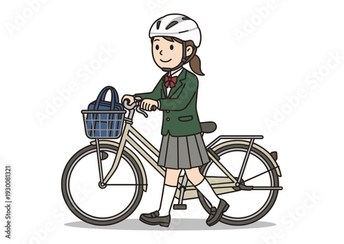 自転車を押して歩く女子学生のイラスト（ヘルメット着用・交通安全）