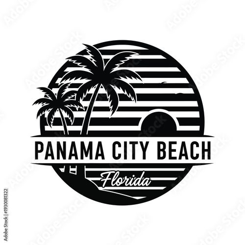 Vector illustration panama city beach florida black and white striped badge with palm trees and sunset