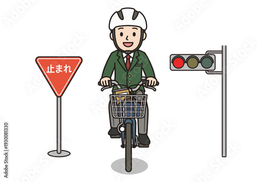ヘルメットを着用した男子学生の自転車通学イラスト（止まれ標識・信号）