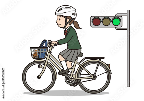 ヘルメットを着用して自転車通学する女子学生のイラスト（青信号・交通安全）
