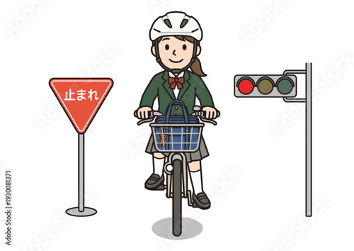 ヘルメットを着用した女子学生の自転車通学イラスト（止まれ標識・信号）