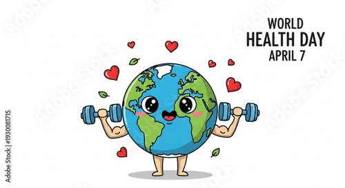 Cartoon earth character lifting dumbbells on world health day surrounded by hearts and leaves symbolizing fitness and wellness