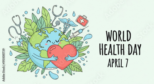 World health day illustration with globe hugging heart surrounded by leaves and medical symbols