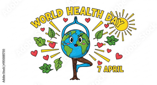 World health day globe in yoga pose with hearts and leaves on white background