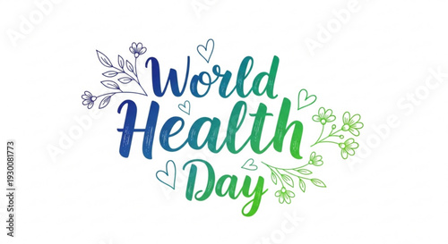 World health day logo with flowers and hearts on white background symbolizing wellness and care