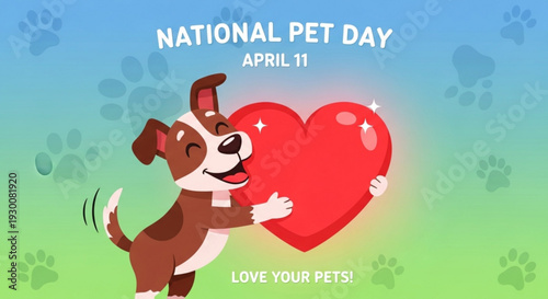 Brown dog hugging red heart national pet day april 11th illustration