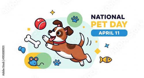 National pet day illustration with playful dog and toys on april 11