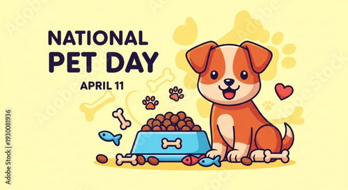 Cute brown puppy sitting next to dog food bowl on national pet day april 11th with heart and treats