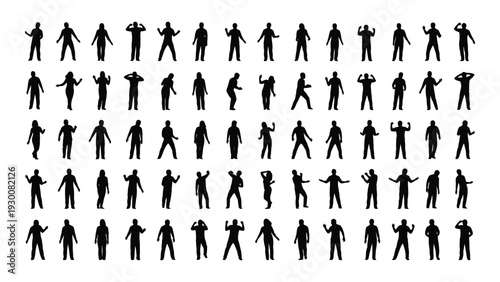 A collection of 40 different black human silhouettes in various poses isolated on white background, Vector