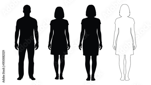 Four human silhouettes in different styles and genders isolated on white background, Vector
